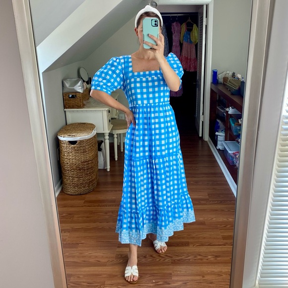 SOLD SZ Blockprints Tuckernuck Divya Cotton Midi Puff Sleeve Dress Gingham Blue - Picture 6 of 14